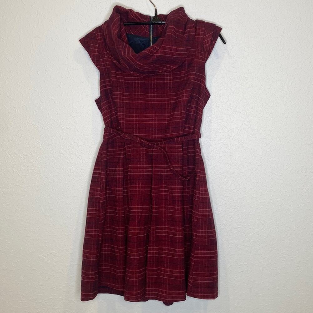 GO International Plaid Women’s Cowl Neck Pleated Skirt Midi Dress EUC Sz 11